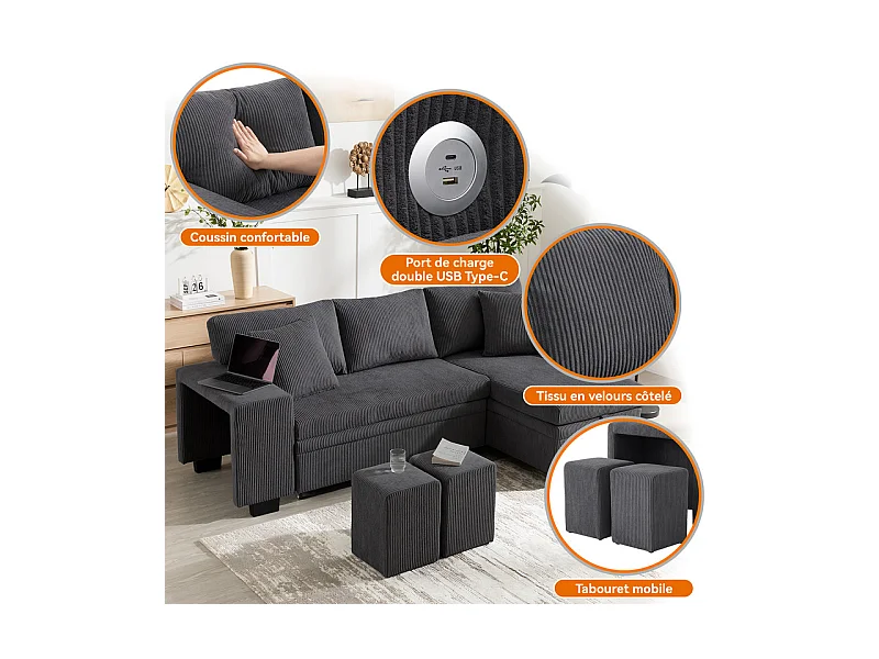 Omkeerbare 3-zits hoekbank - van ribcord - met opbergruimte, plank en 2 poefs - USB+Type-C aansluiting - Grijs