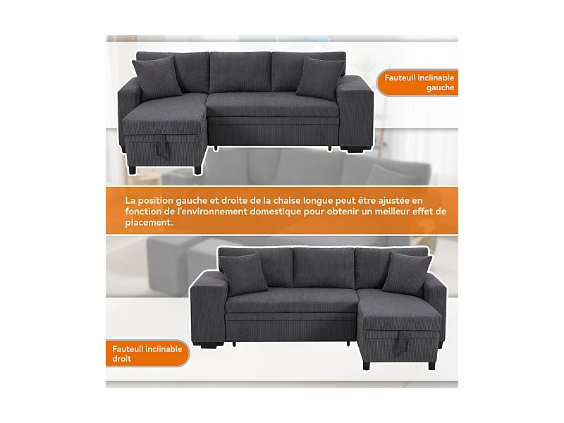 Omkeerbare 3-zits hoekbank - van ribcord - met opbergruimte, plank en 2 poefs - USB+Type-C aansluiting - Grijs