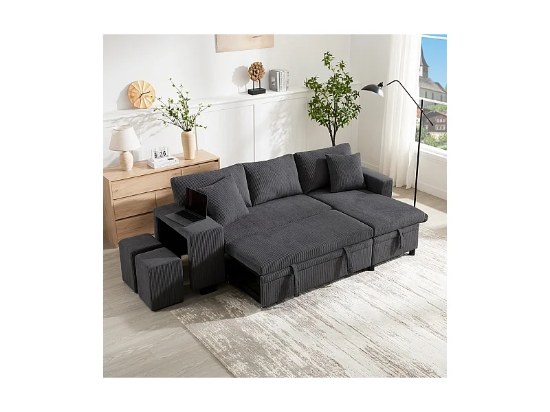 Omkeerbare 3-zits hoekbank - van ribcord - met opbergruimte, plank en 2 poefs - USB+Type-C aansluiting - Grijs