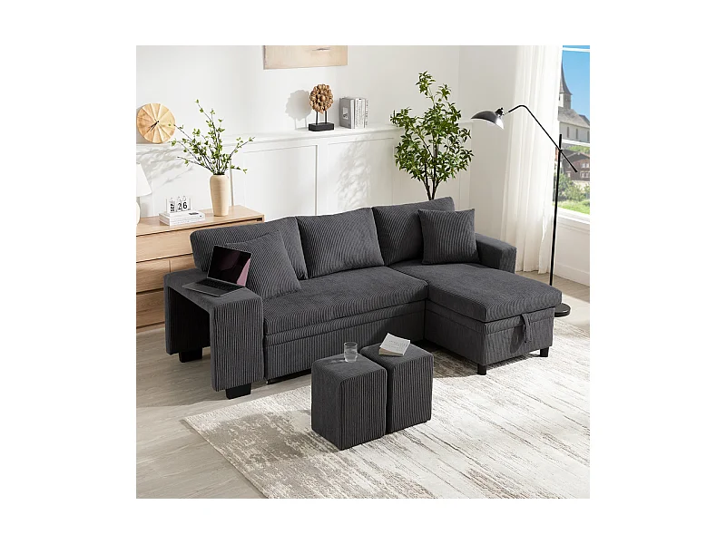 Divano angolare convertibile reversibile 3 posti - in velluto a coste - con ripostiglio, scaffale e 2 pouf - Porta USB+Type-C - Grigio