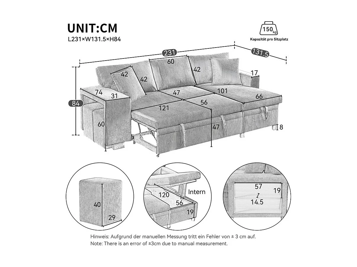 Umkehrbare 3-Sitzer-Eckcouch - aus Cordstoff - mit Stauraum, Regal und 2 Poufs - USB+Type-C-Anschluss - Grau