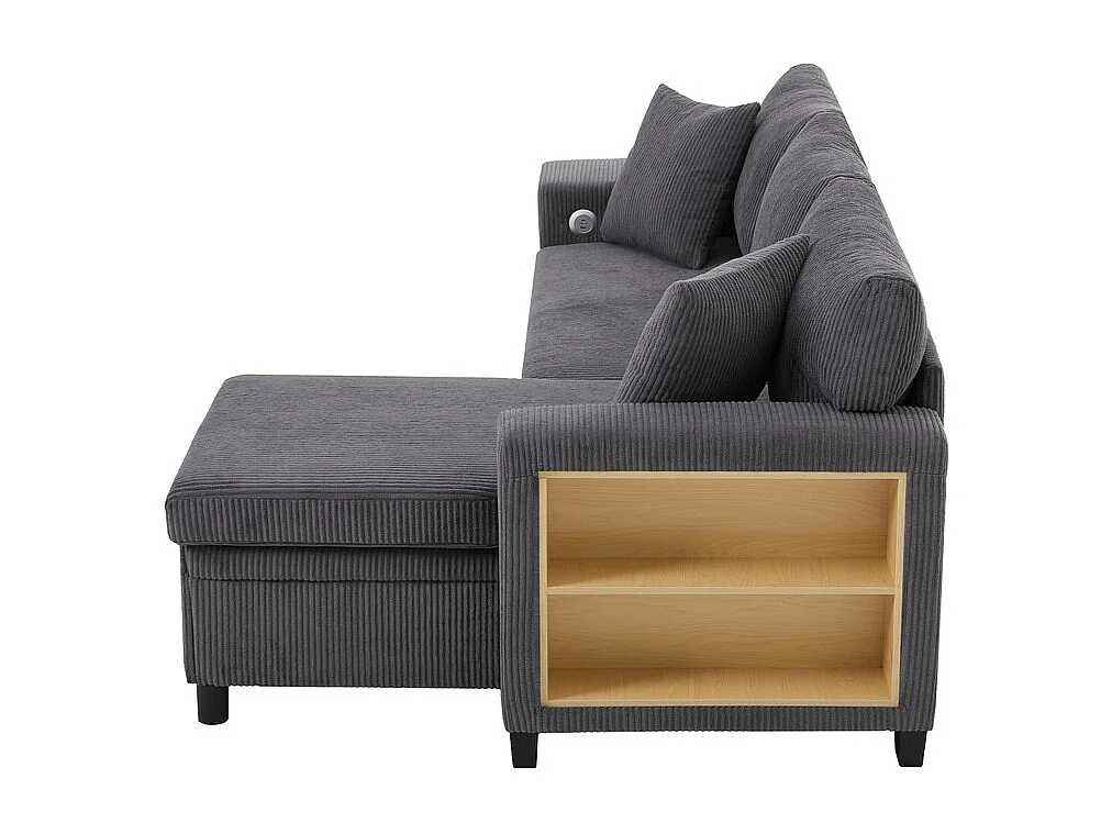 Umkehrbare 3-Sitzer-Eckcouch - aus Cordstoff - mit Stauraum, Regal und 2 Poufs - USB+Type-C-Anschluss - Grau