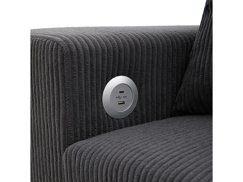 Umkehrbare 3-Sitzer-Eckcouch - aus Cordstoff - mit Stauraum, Regal und 2 Poufs - USB+Type-C-Anschluss - Grau