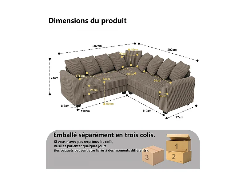 Canapé d'angle modulable en velours côtelé 5 places, avec 9 oreillers, 83 cm super grande profondeur d’assise, Marron