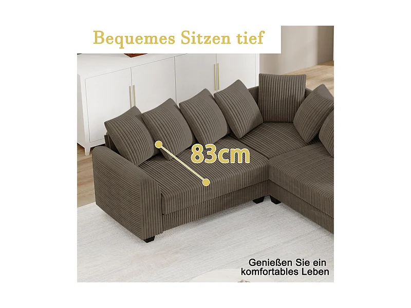 Canapé d'angle modulable en velours côtelé 5 places, avec 9 oreillers, 83 cm super grande profondeur d’assise, Marron