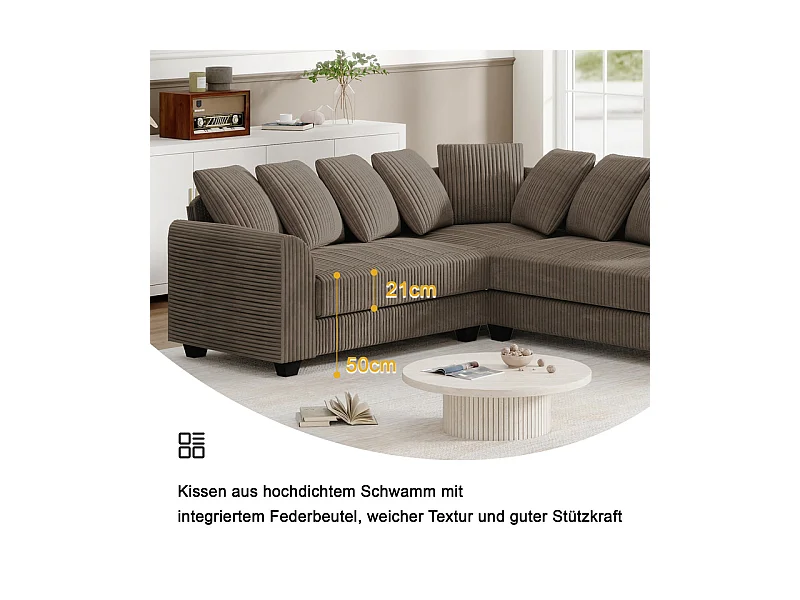 Canapé d'angle modulable en velours côtelé 5 places, avec 9 oreillers, 83 cm super grande profondeur d’assise, Marron