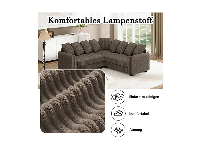 Canapé d'angle modulable en velours côtelé 5 places, avec 9 oreillers, 83 cm super grande profondeur d’assise, Marron