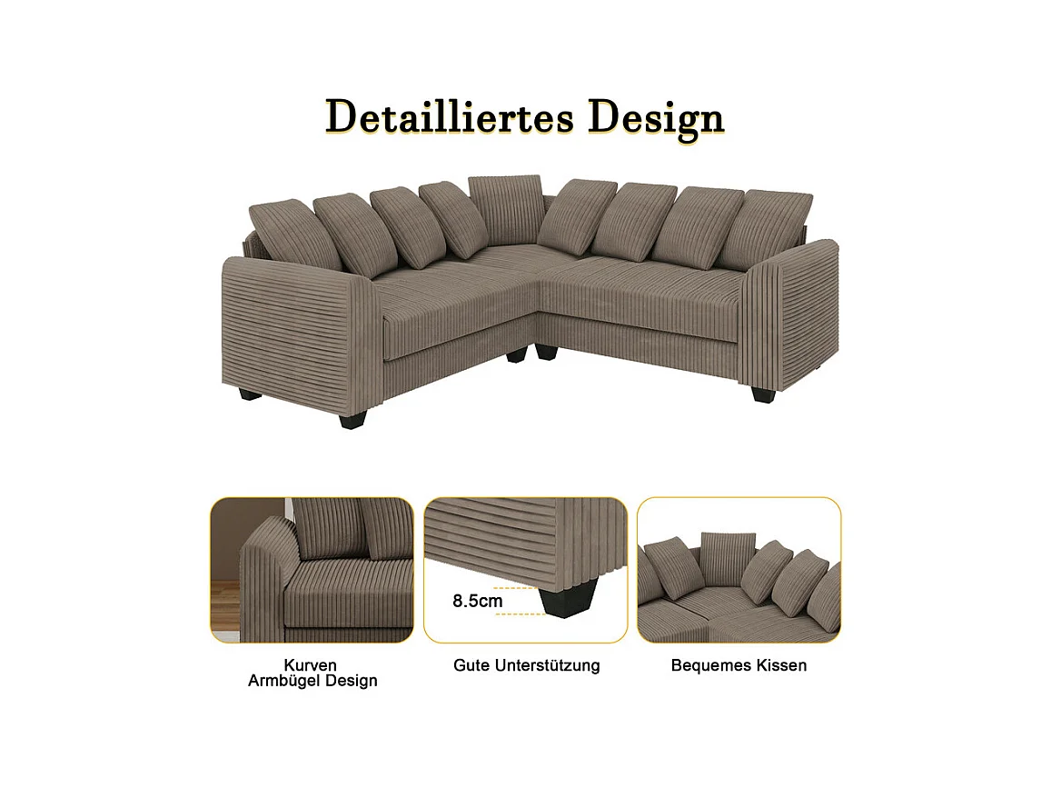 Canapé d'angle modulable en velours côtelé 5 places, avec 9 oreillers, 83 cm super grande profondeur d’assise, Marron