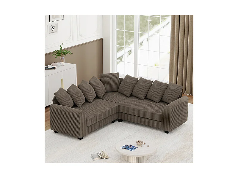 Canapé d'angle modulable en velours côtelé 5 places, avec 9 oreillers, 83 cm super grande profondeur d’assise, Marron