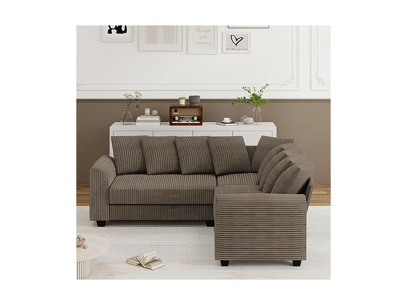 Canapé d'angle modulable en velours côtelé 5 places, avec 9 oreillers, 83 cm super grande profondeur d’assise, Marron