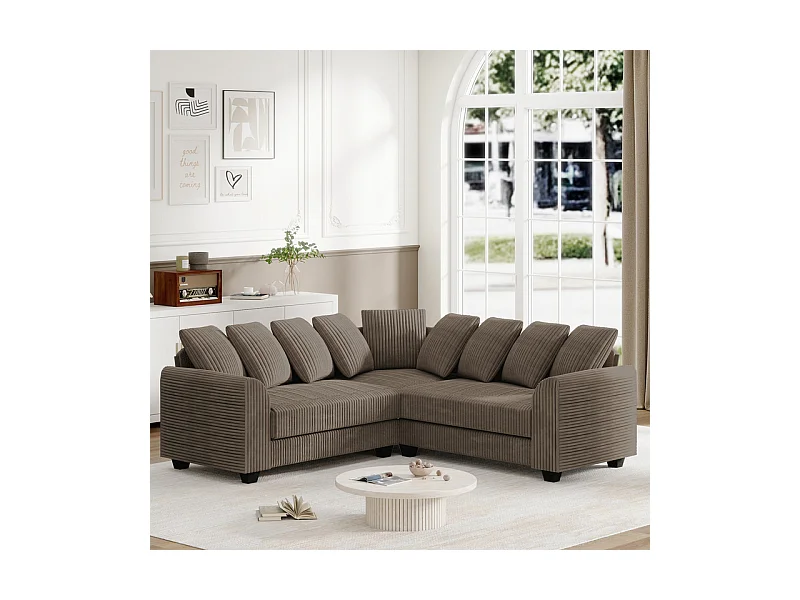 Modulare Eckcouch aus Cordstoff für 5 Personen, mit 9 Kissen, 83 cm super große Sitzfläche, Braun