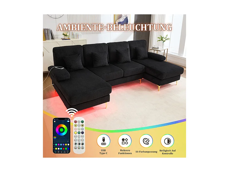 Canapé d'angle panoramique en velours - 4 places - avec LED RGB et Port USB+Type-C - 265x135x88cm - Noir