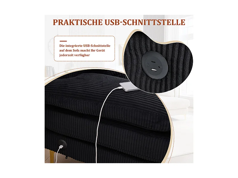 Canapé d'angle panoramique en velours - 4 places - avec LED RGB et Port USB+Type-C - 265x135x88cm - Noir