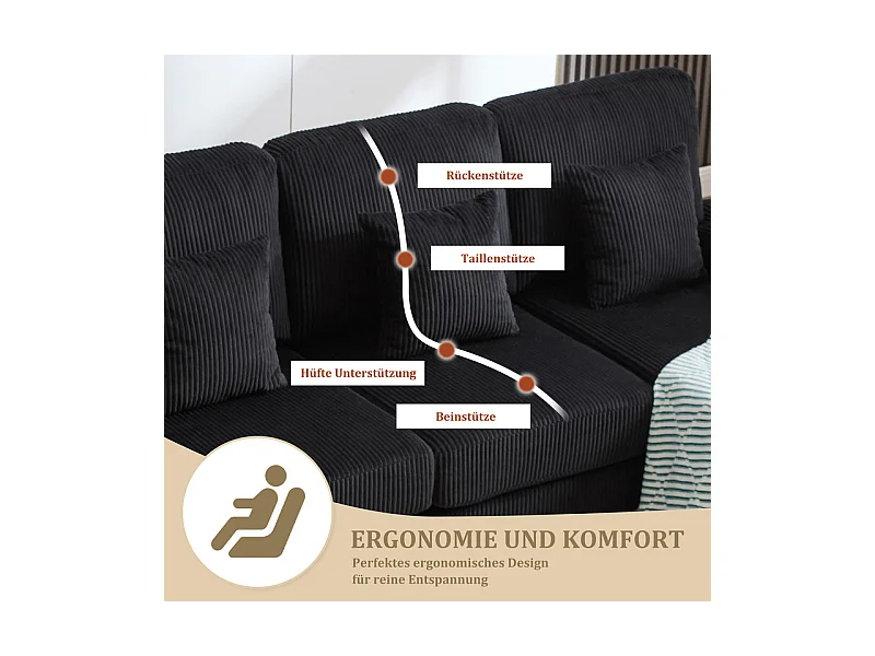 Canapé d'angle panoramique en velours - 4 places - avec LED RGB et Port USB+Type-C - 265x135x88cm - Noir