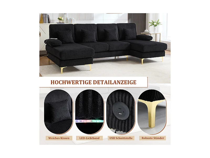 Canapé d'angle panoramique en velours - 4 places - avec LED RGB et Port USB+Type-C - 265x135x88cm - Noir