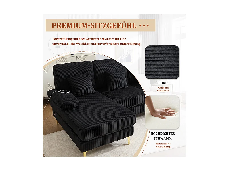 Canapé d'angle panoramique en velours - 4 places - avec LED RGB et Port USB+Type-C - 265x135x88cm - Noir