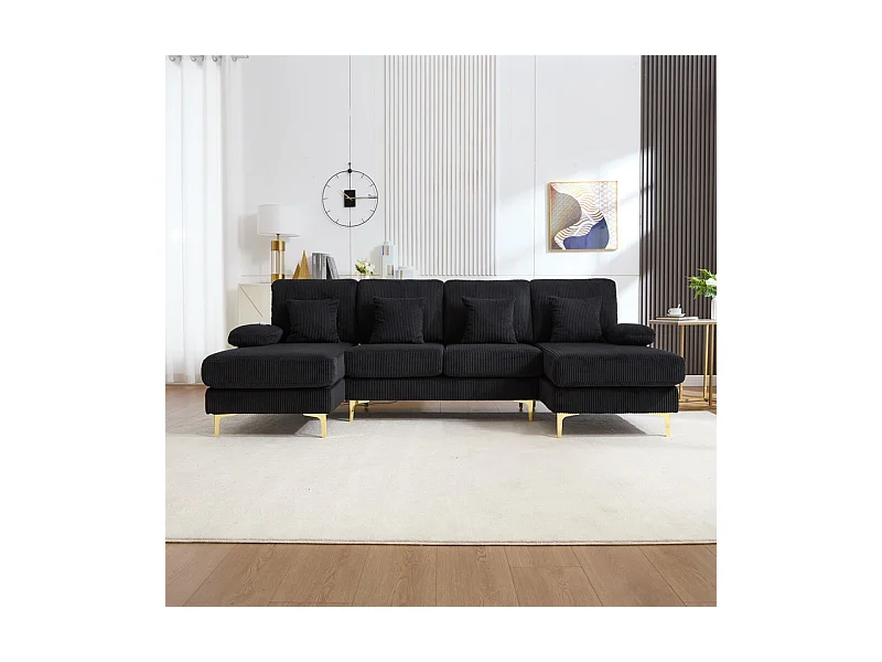 Canapé d'angle panoramique en velours - 4 places - avec LED RGB et Port USB+Type-C - 265x135x88cm - Noir