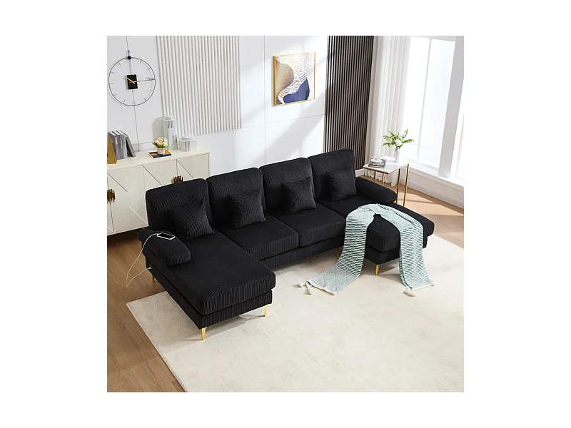 Canapé d'angle panoramique en velours - 4 places - avec LED RGB et Port USB+Type-C - 265x135x88cm - Noir