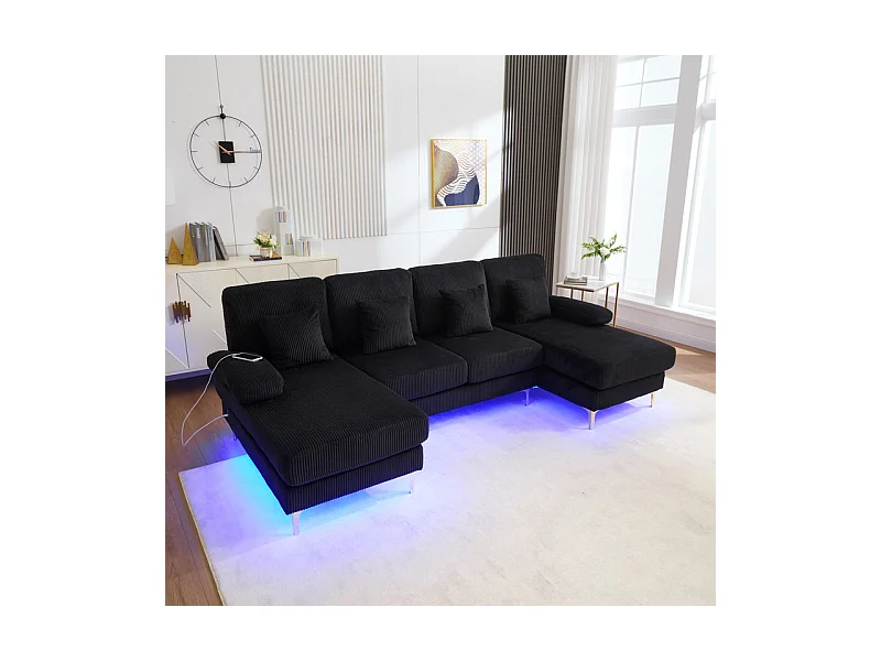Canapé d'angle panoramique en velours - 4 places - avec LED RGB et Port USB+Type-C - 265x135x88cm - Noir