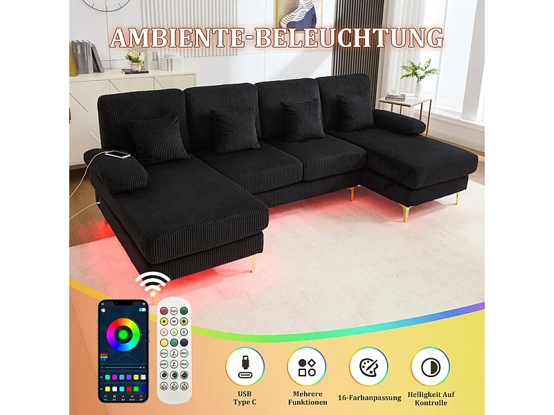 Canapé d'angle panoramique en velours - 4 places - avec LED RGB et Port USB+Type-C - 265x135x88cm - Noir