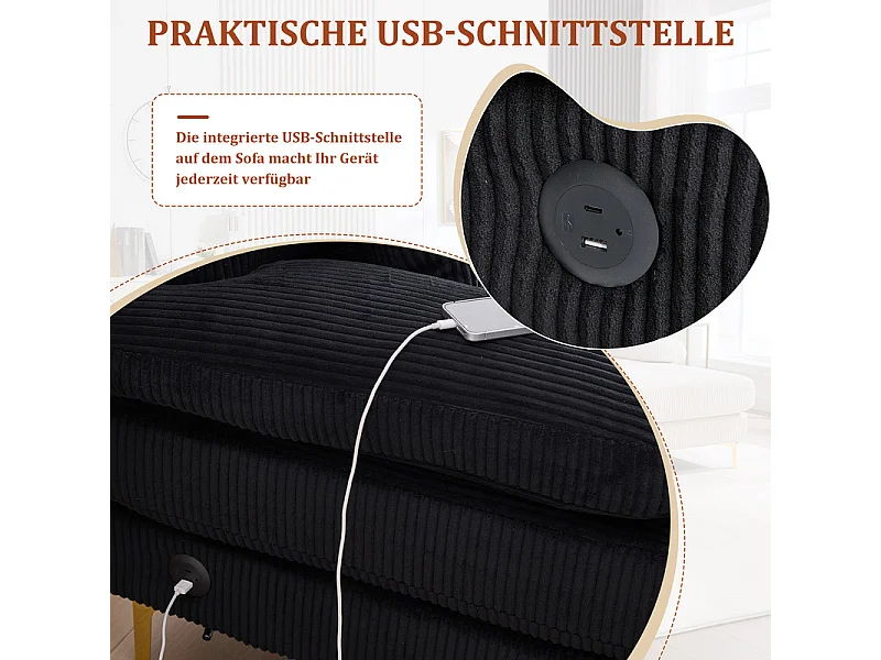 Canapé d'angle panoramique en velours - 4 places - avec LED RGB et Port USB+Type-C - 265x135x88cm - Noir