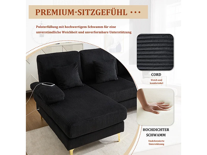 Canapé d'angle panoramique en velours - 4 places - avec LED RGB et Port USB+Type-C - 265x135x88cm - Noir