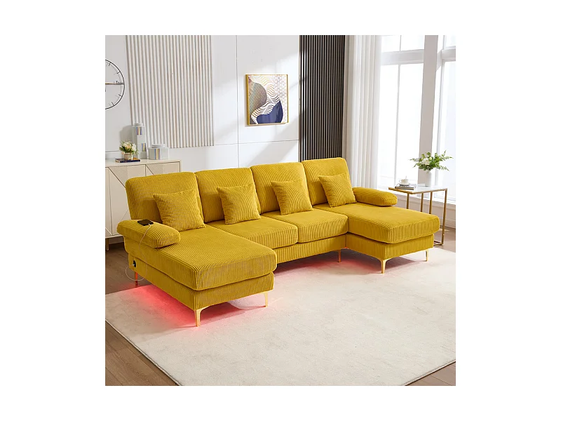 Canapé d'angle panoramique en velours - 4 places - avec LED RGB et Port USB+Type-C - 265x135x88cm - Jaune