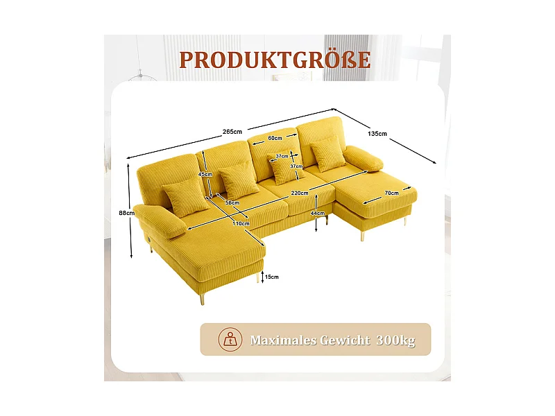 Canapé d'angle panoramique en velours - 4 places - avec LED RGB et Port USB+Type-C - 265x135x88cm - Jaune