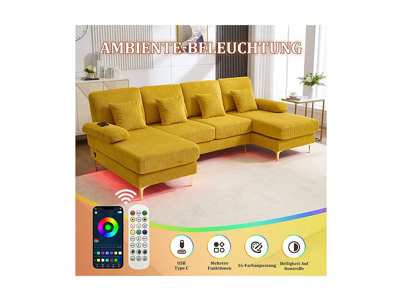 Canapé d'angle panoramique en velours - 4 places - avec LED RGB et Port USB+Type-C - 265x135x88cm - Jaune