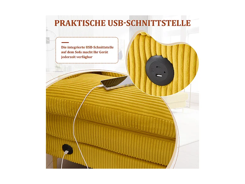 Canapé d'angle panoramique en velours - 4 places - avec LED RGB et Port USB+Type-C - 265x135x88cm - Jaune