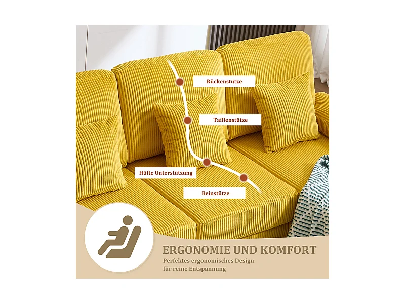 Canapé d'angle panoramique en velours - 4 places - avec LED RGB et Port USB+Type-C - 265x135x88cm - Jaune