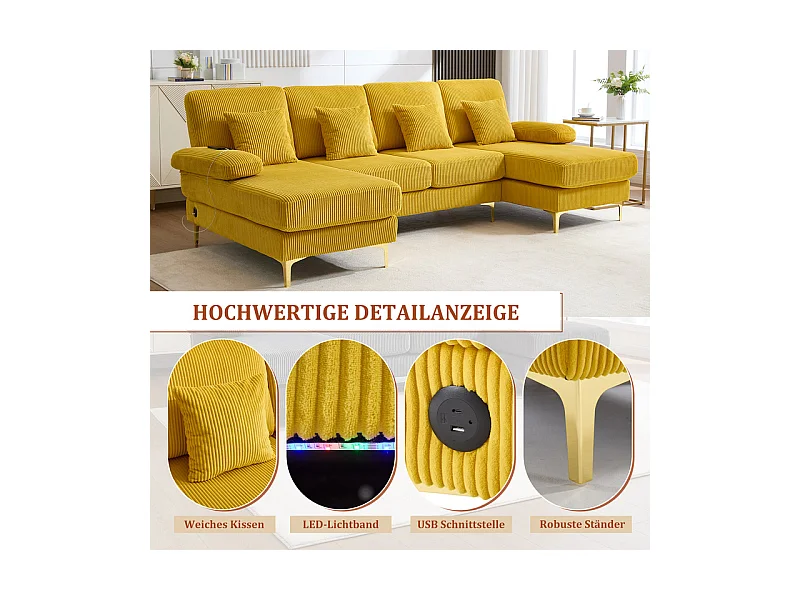 Canapé d'angle panoramique en velours - 4 places - avec LED RGB et Port USB+Type-C - 265x135x88cm - Jaune
