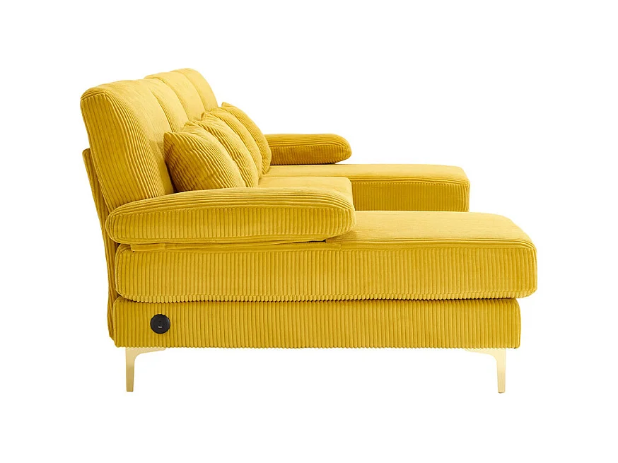 Canapé d'angle panoramique en velours - 4 places - avec LED RGB et Port USB+Type-C - 265x135x88cm - Jaune