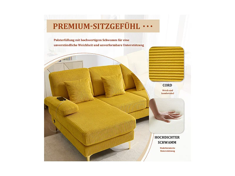 Canapé d'angle panoramique en velours - 4 places - avec LED RGB et Port USB+Type-C - 265x135x88cm - Jaune