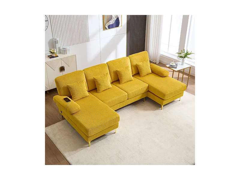 Canapé d'angle panoramique en velours - 4 places - avec LED RGB et Port USB+Type-C - 265x135x88cm - Jaune