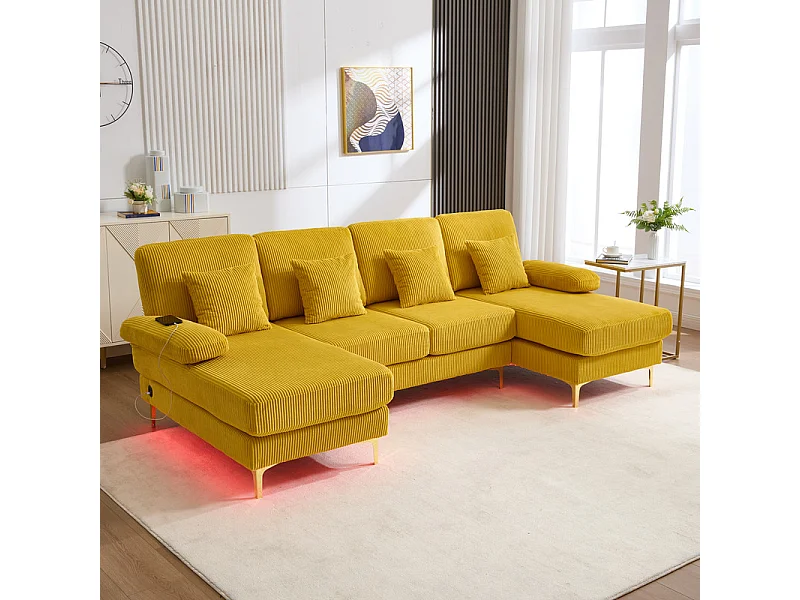 Canapé d'angle panoramique en velours - 4 places - avec LED RGB et Port USB+Type-C - 265x135x88cm - Jaune