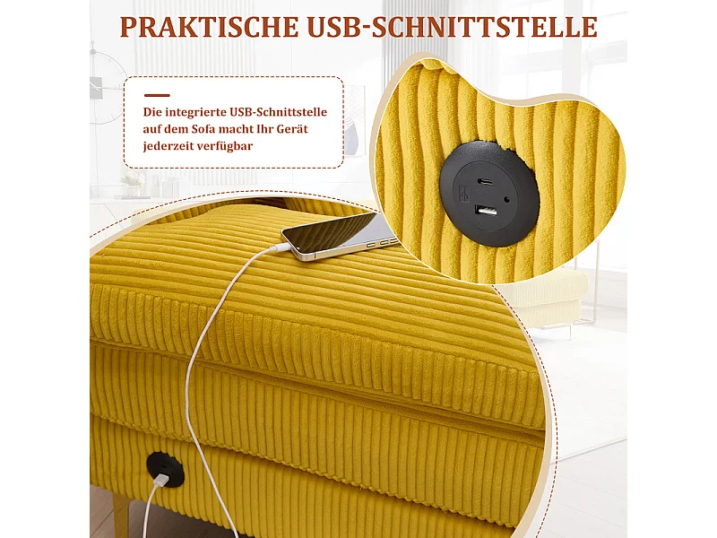 Canapé d'angle panoramique en velours - 4 places - avec LED RGB et Port USB+Type-C - 265x135x88cm - Jaune