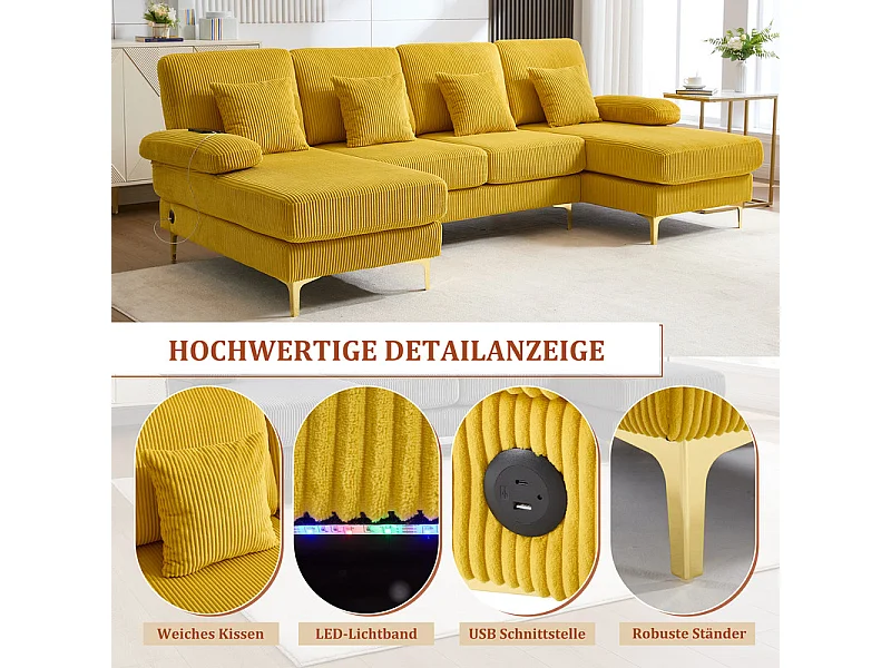 Canapé d'angle panoramique en velours - 4 places - avec LED RGB et Port USB+Type-C - 265x135x88cm - Jaune