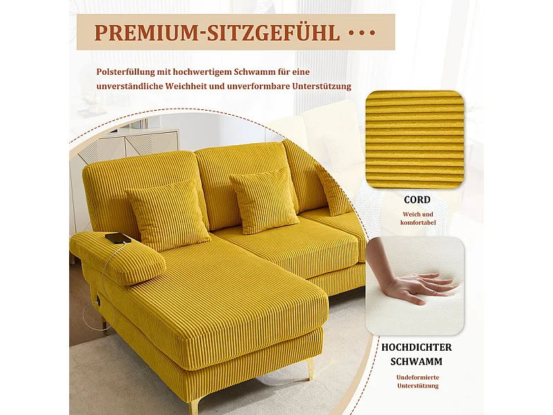 Canapé d'angle panoramique en velours - 4 places - avec LED RGB et Port USB+Type-C - 265x135x88cm - Jaune