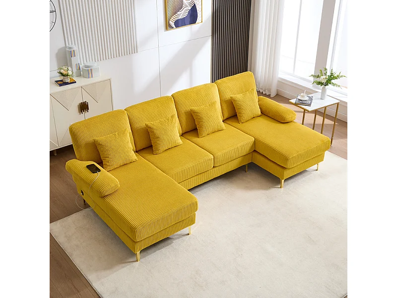 Canapé d'angle panoramique en velours - 4 places - avec LED RGB et Port USB+Type-C - 265x135x88cm - Jaune