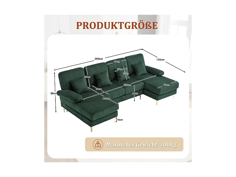 Canapé d'angle panoramique en velours - 4 places - avec LED RGB et Port USB+Type-C - 265x135x88cm - Vert