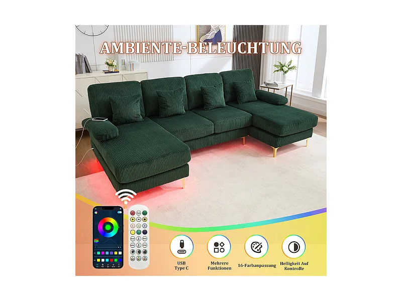 Canapé d'angle panoramique en velours - 4 places - avec LED RGB et Port USB+Type-C - 265x135x88cm - Vert
