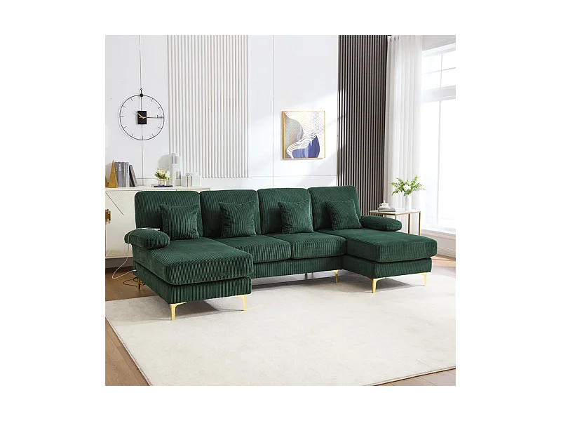 Canapé d'angle panoramique en velours - 4 places - avec LED RGB et Port USB+Type-C - 265x135x88cm - Vert