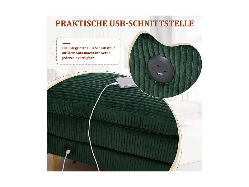 Canapé d'angle panoramique en velours - 4 places - avec LED RGB et Port USB+Type-C - 265x135x88cm - Vert