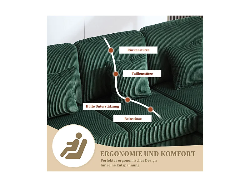 Canapé d'angle panoramique en velours - 4 places - avec LED RGB et Port USB+Type-C - 265x135x88cm - Vert