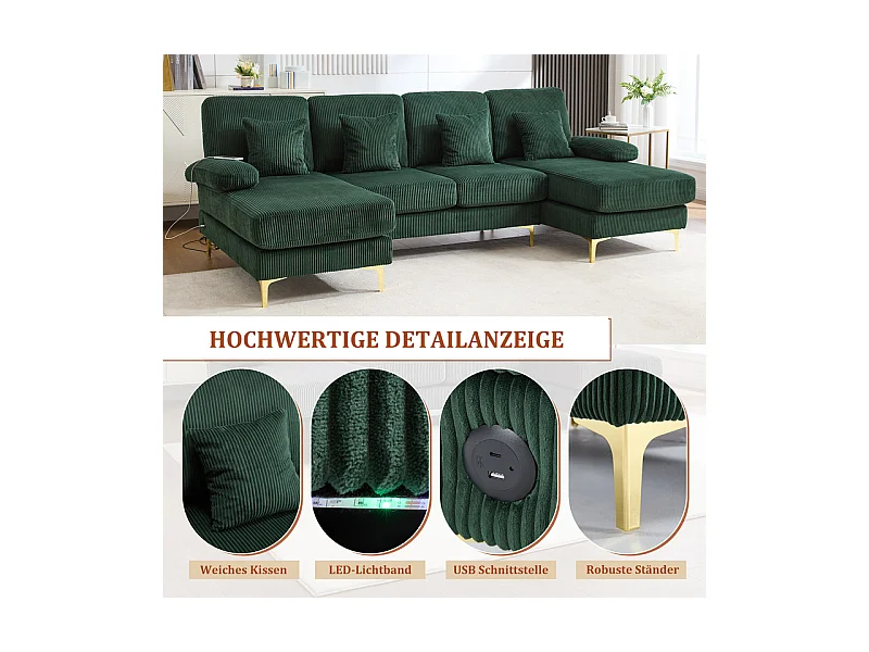 Canapé d'angle panoramique en velours - 4 places - avec LED RGB et Port USB+Type-C - 265x135x88cm - Vert