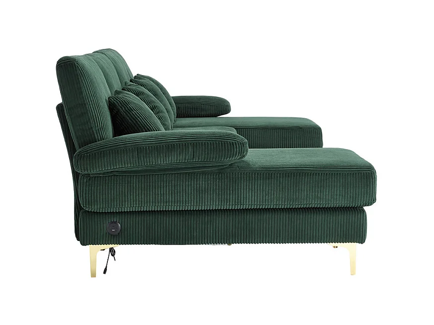 Canapé d'angle panoramique en velours - 4 places - avec LED RGB et Port USB+Type-C - 265x135x88cm - Vert