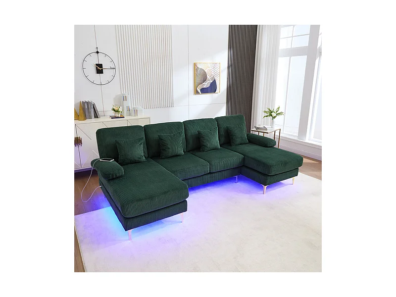 Canapé d'angle panoramique en velours - 4 places - avec LED RGB et Port USB+Type-C - 265x135x88cm - Vert