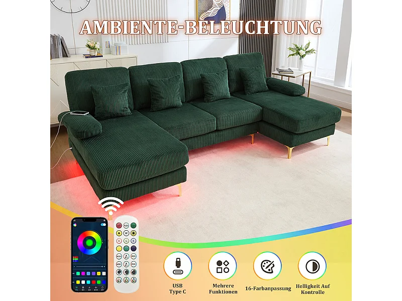 Sofá de canto panorâmico em veludo - 4 lugares - com LED RGB e porta USB+Type-C - 265x135x88cm - Verde