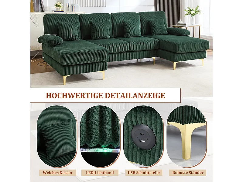 Sofá de canto panorâmico em veludo - 4 lugares - com LED RGB e porta USB+Type-C - 265x135x88cm - Verde